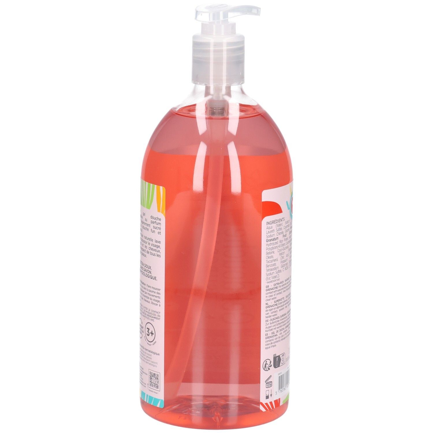 Vue latérale Mkl Green Nature Gel douche pour enfants, 1L, avec pompe doseuse et design coloré.
