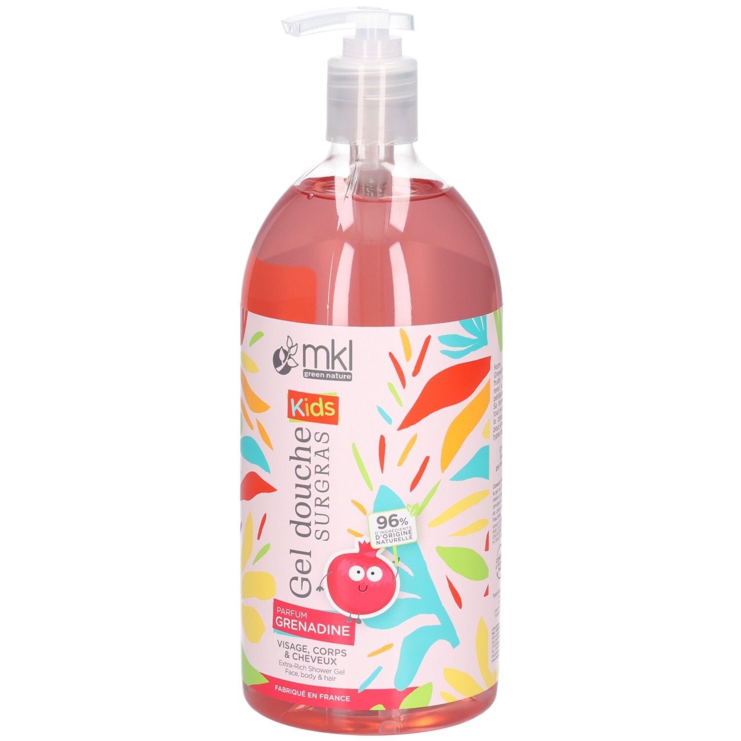 Mkl Green Nature Gel douche pour enfants, 1L, parfum Grenadine, visage, corps et cheveux.