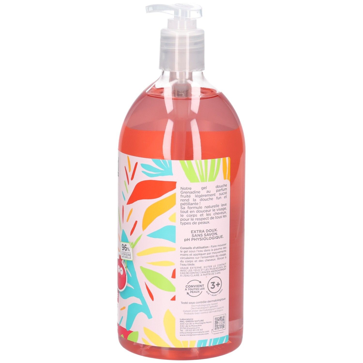 Arrière du Mkl Green Nature Gel douche pour enfants, 1L, avec instructions d'utilisation et logos.