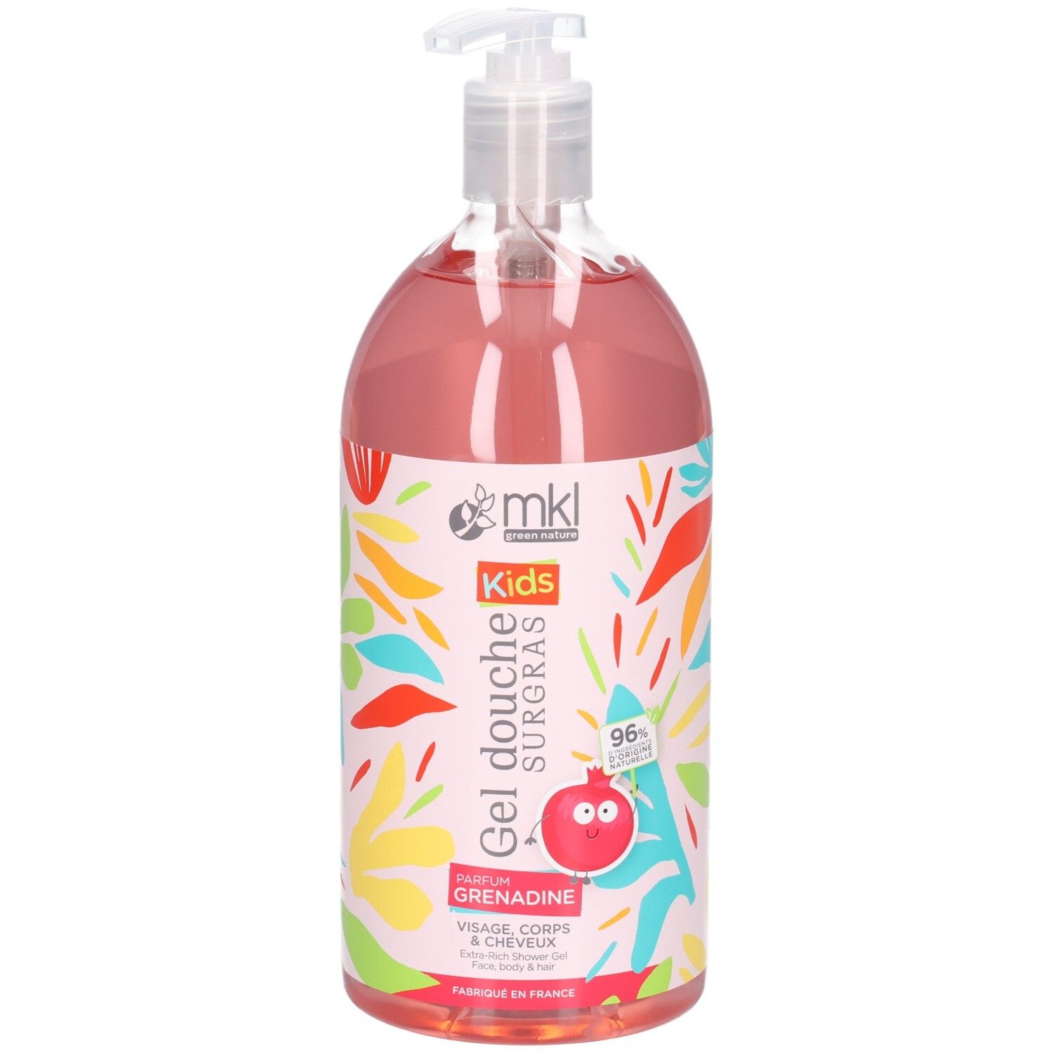 Mkl Green Nature Gel douche pour enfants, 1L, parfum Grenadine, visage, corps et cheveux.