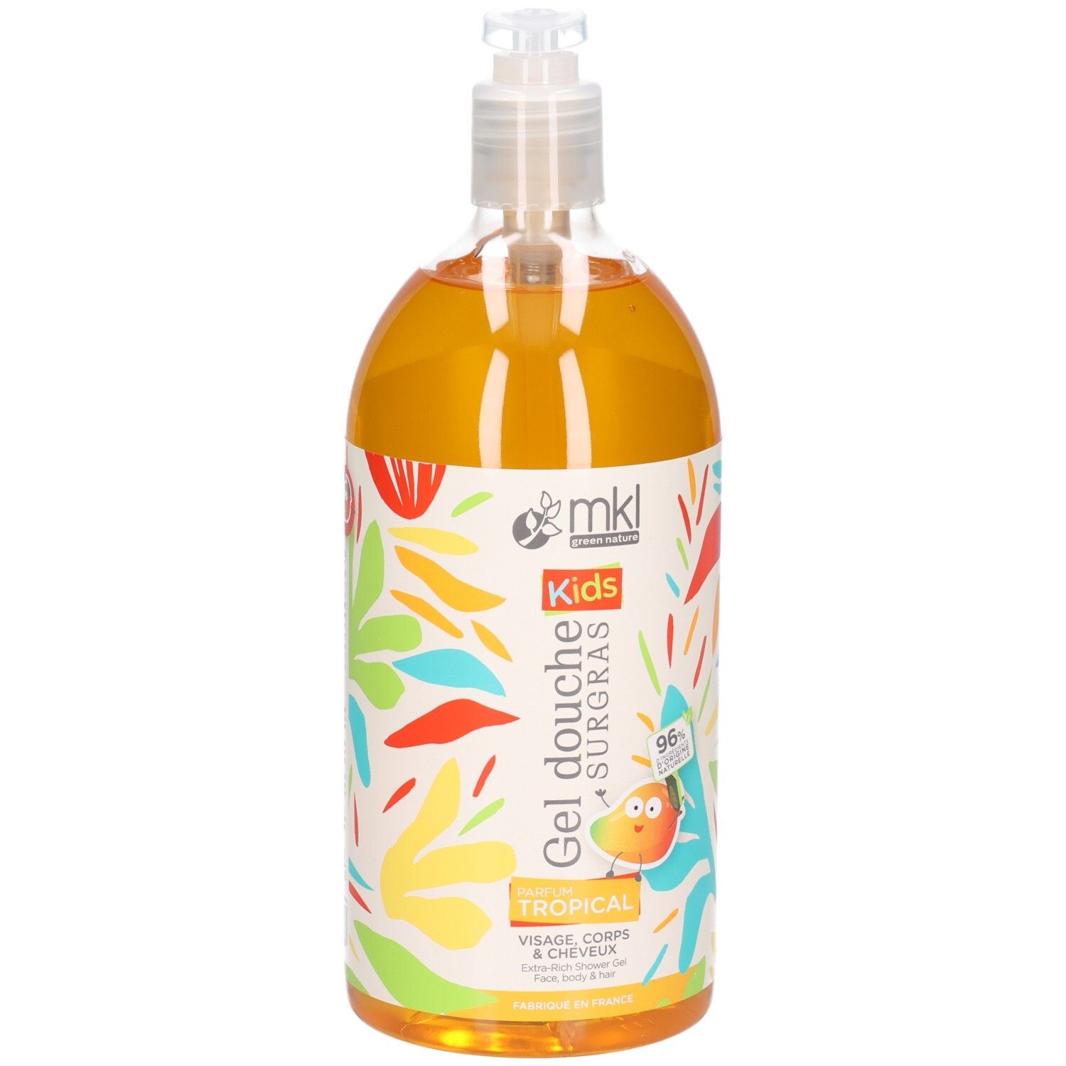 Gel douche MKL Kids, parfum tropical, pour visage, corps et cheveux, flacon pompe.