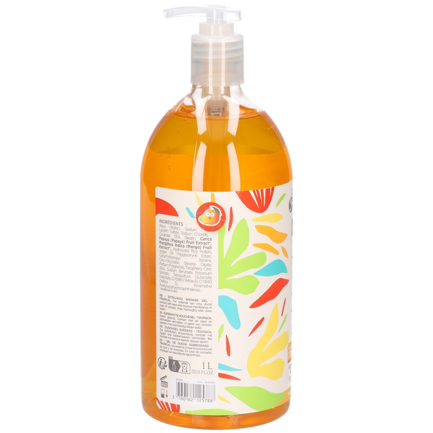 Savon liquide orange dans une bouteille pompe transparente avec motifs floraux colorés. 1L.