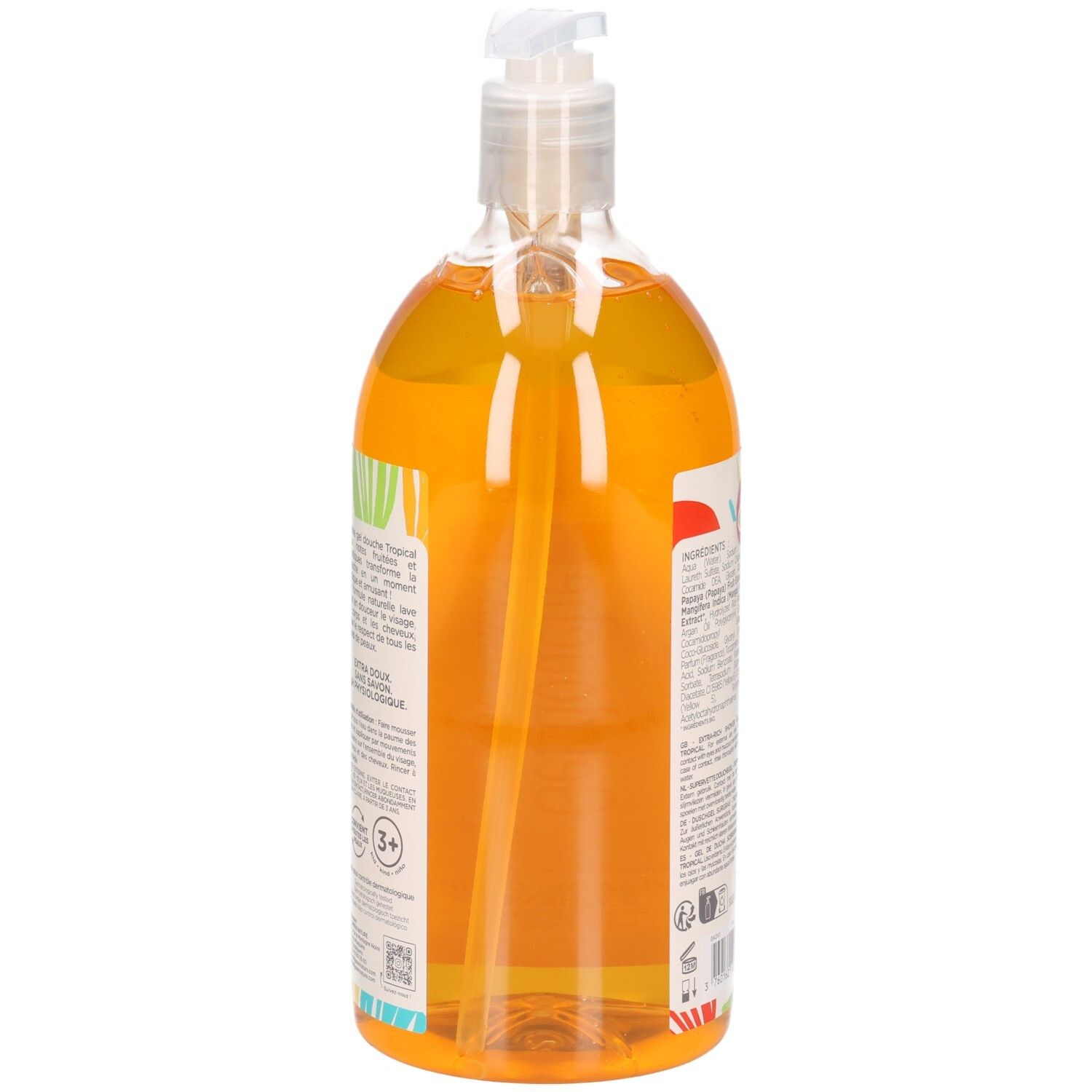 Liquide orange dans une bouteille transparente avec un distributeur à pompe blanc.