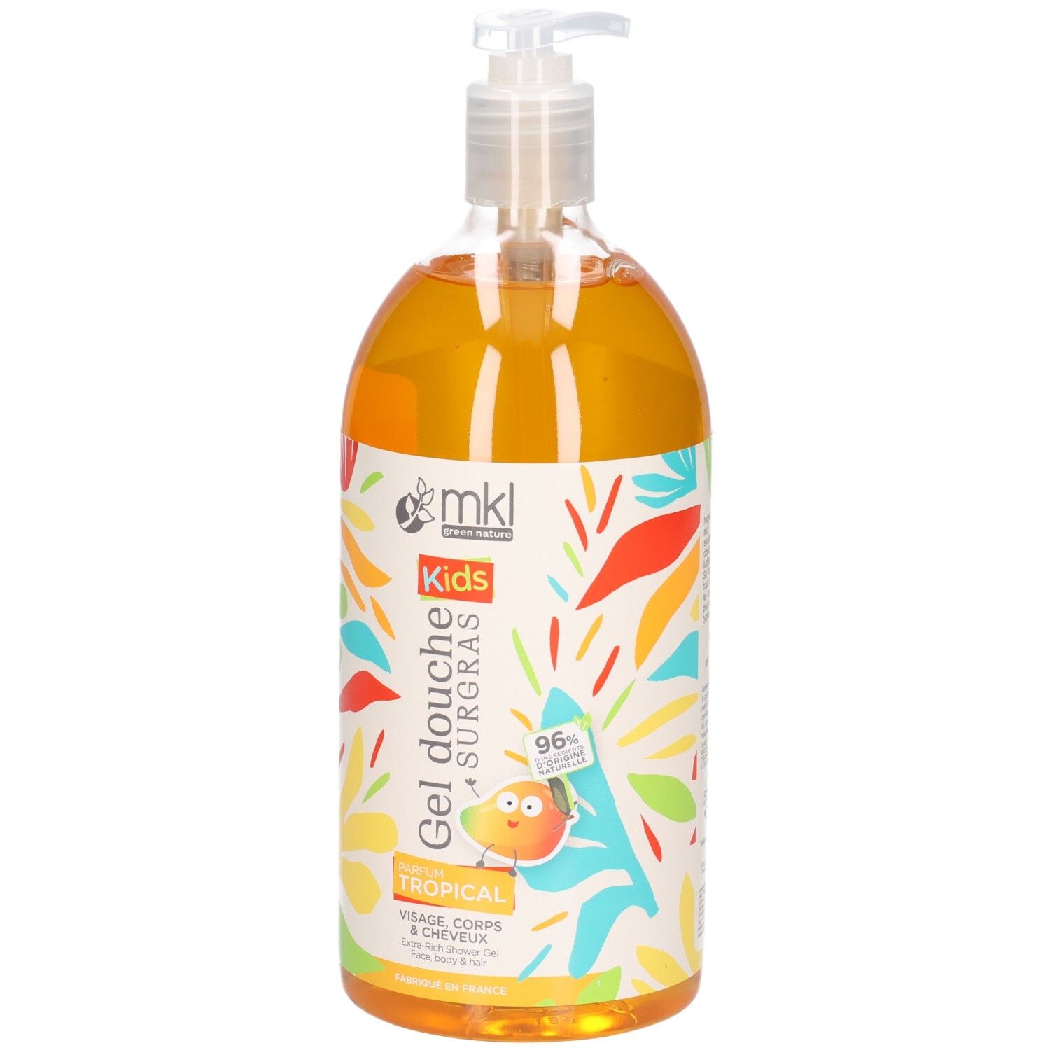 MKL Kids Gel douche surgras tropical dans flacon pompe transparent avec motif feuilles colorées.
