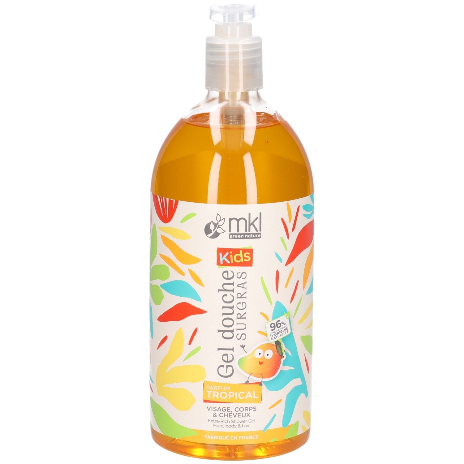 MKL Kids Gel douche surgras tropical dans une bouteille transparente avec pompe. Liquide jaune-orange. Illustrations de feuilles et de fruits colorés.