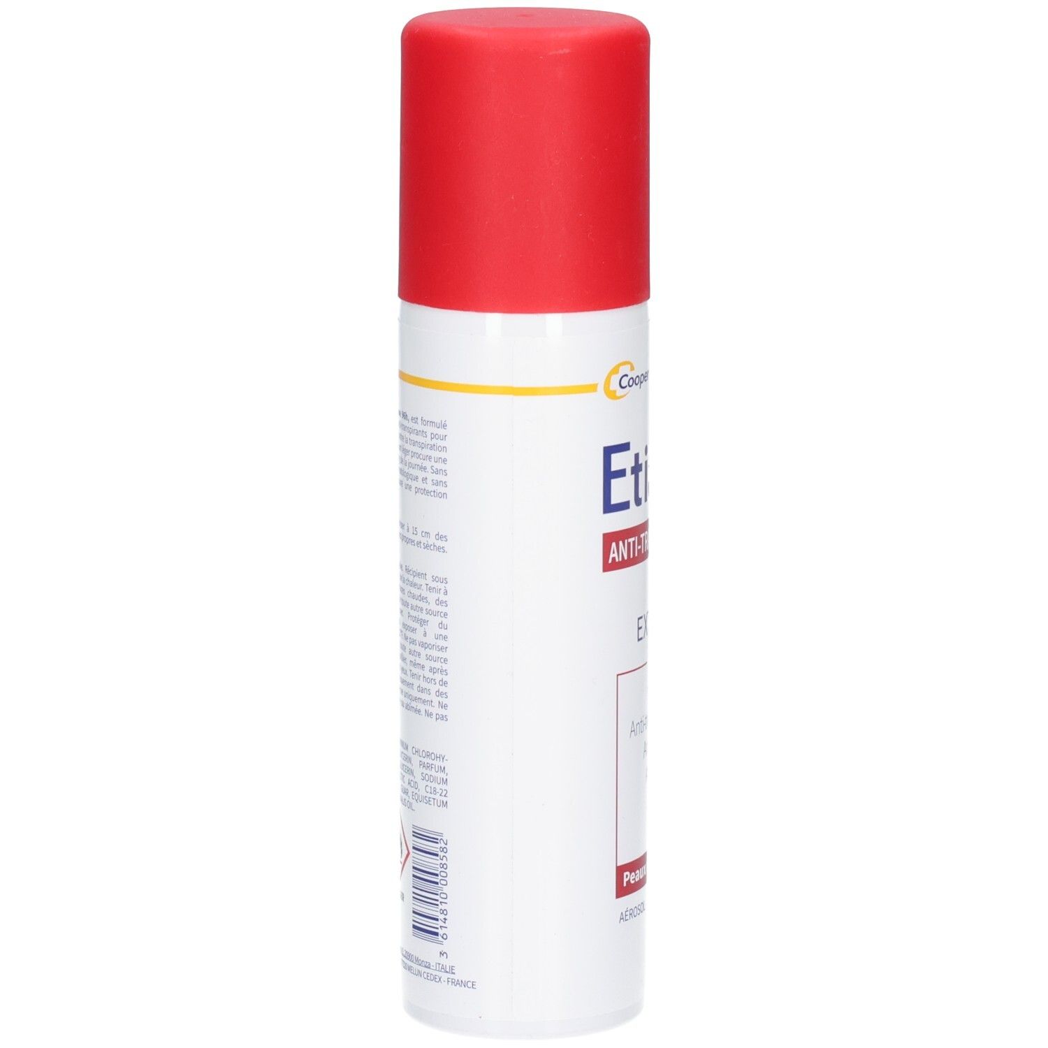 Aérosol blanc, bouchon rouge. Dos avec texte. Etiaxil Anti-Transpirant. Inscription: Anti-transpirant, Extreme 96h.
