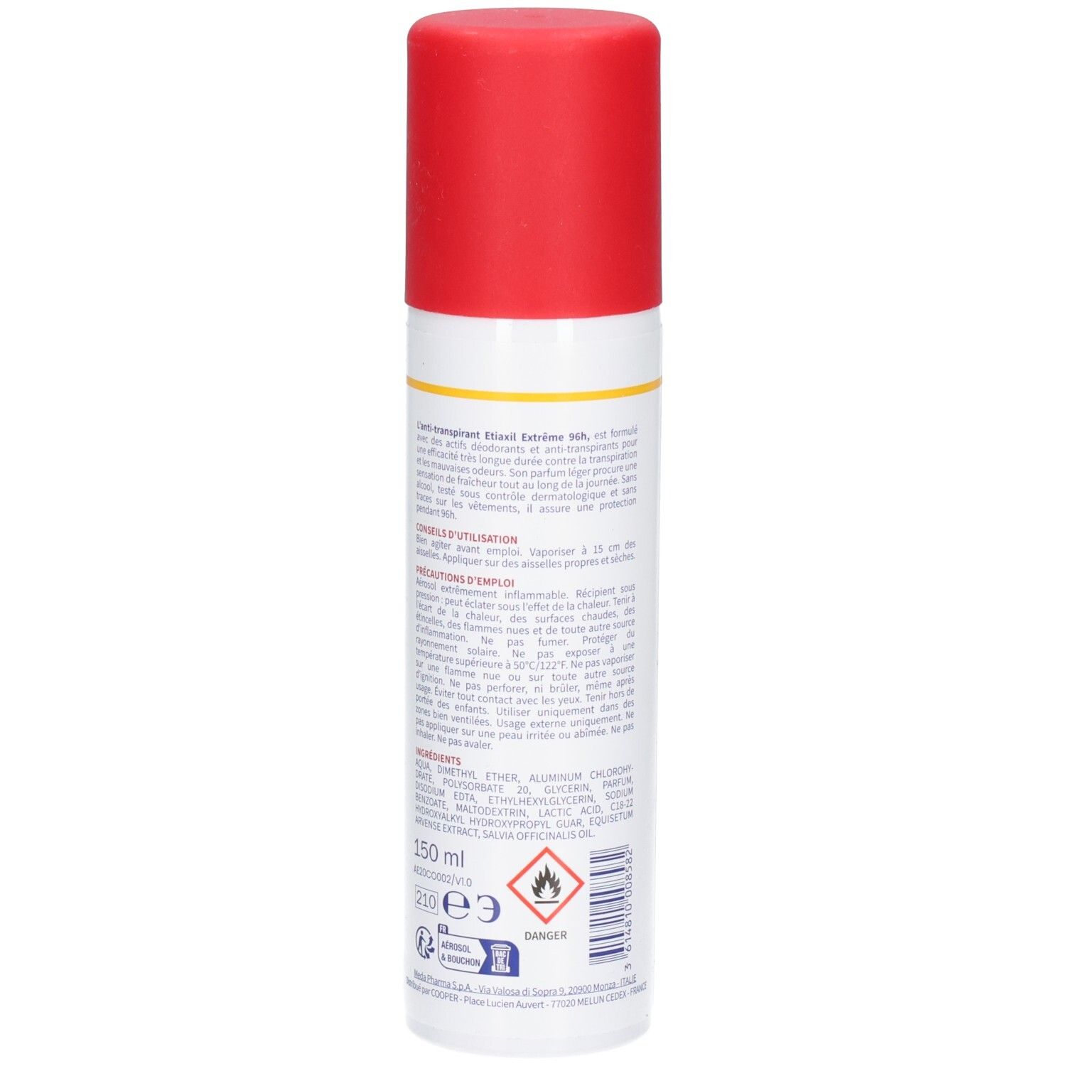 Aérosol blanc, bouchon rouge. Dos avec texte et ingrédients. Etiaxil Anti-Transpirant. Inscription: Extreme 96h.