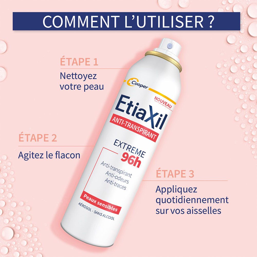 Etiaxil Anti-Transpirant Extreme 96h Aérosol, Instructions: 1. Nettoyer peau, 2. Agiter flacon, 3. Appliquer quotidiennement.