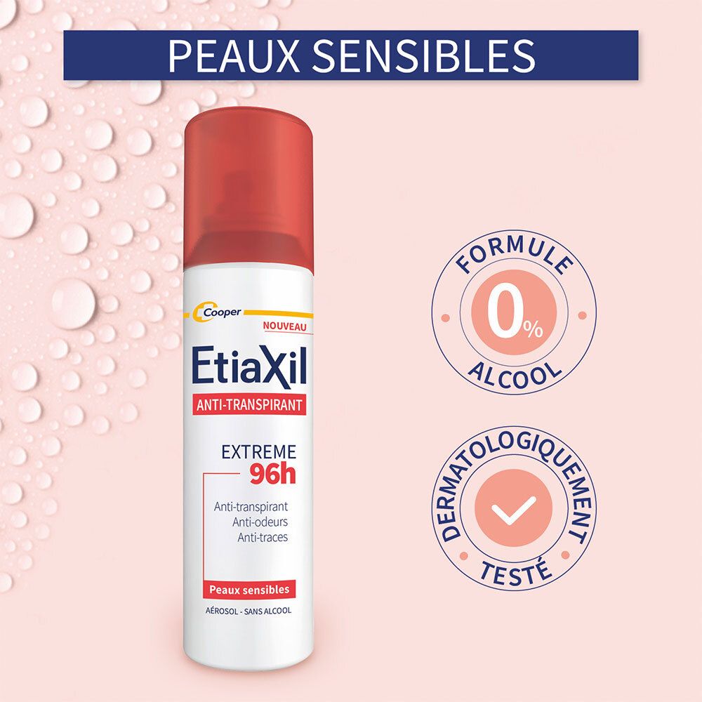 Etiaxil Anti-Transpirant Extreme 96h Aérosol, Formule 0% Alcool, Testé dermatologiquement.