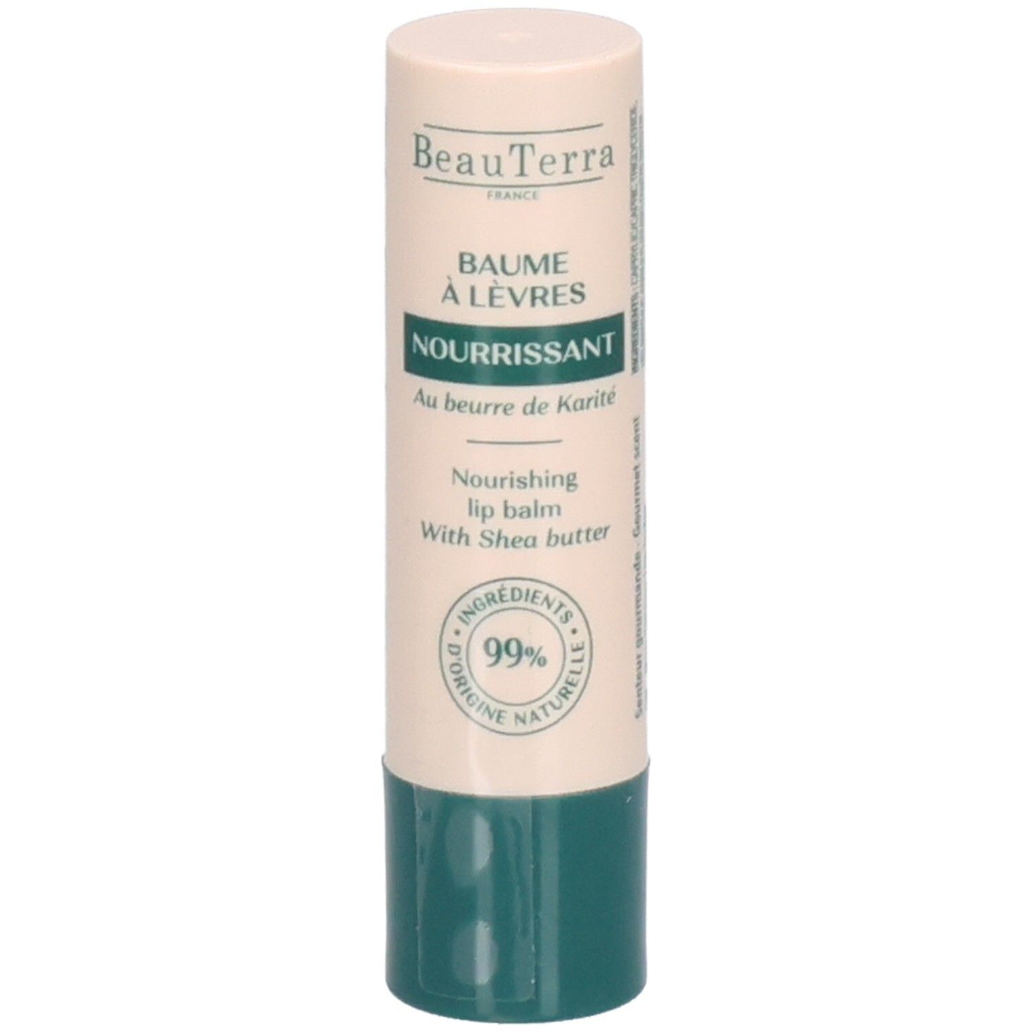 Bâton de baume à lèvres. Étui beige et vert. Inscription: BeauTerra, Baume à Lèvres Nourrissant, 99% d'ingrédients d'origine naturelle.