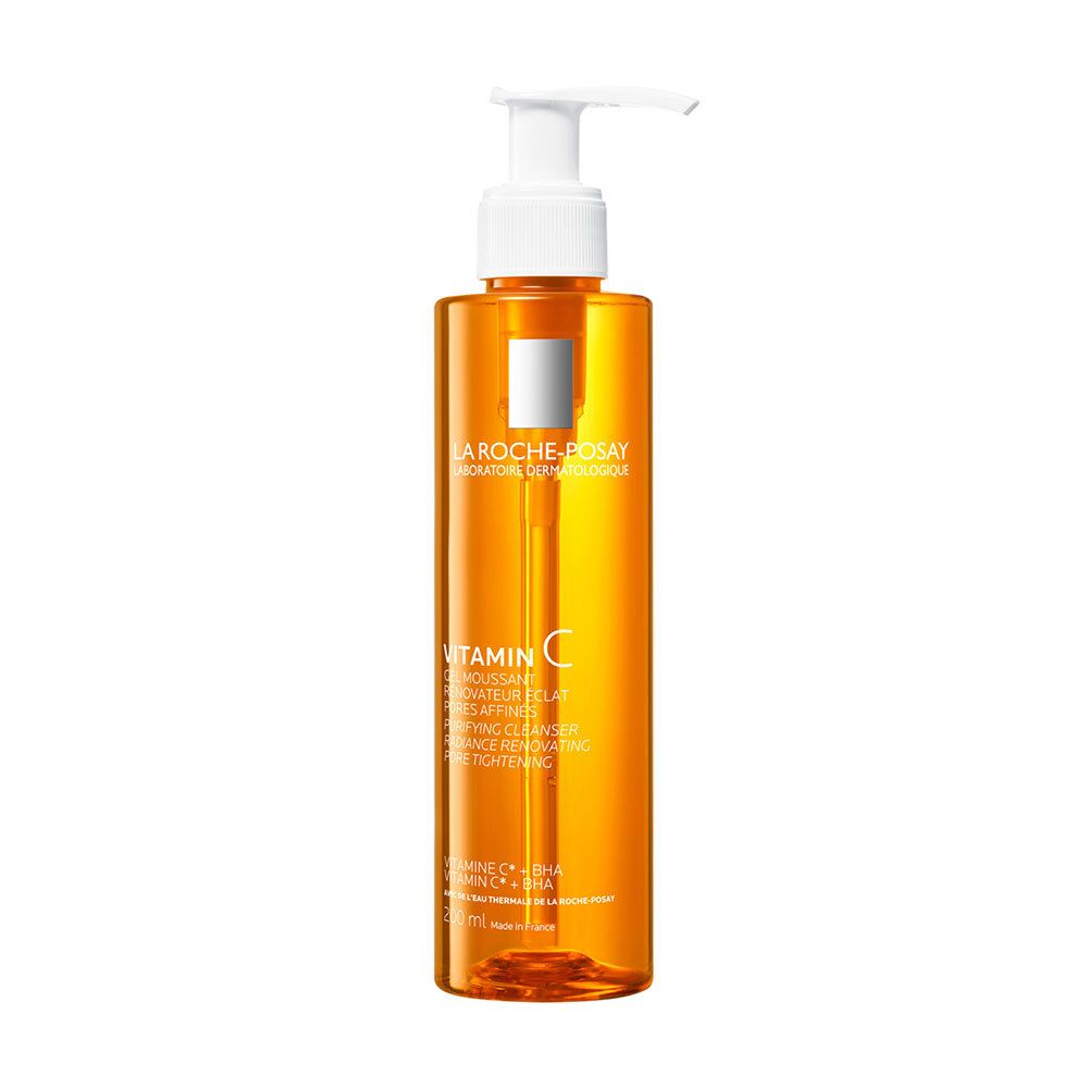 LA ROCHE-POSAY Gel Moussant Vitamin C. Flacon orange avec pompe. Inscription : Vitamin C. Gel nettoyant.