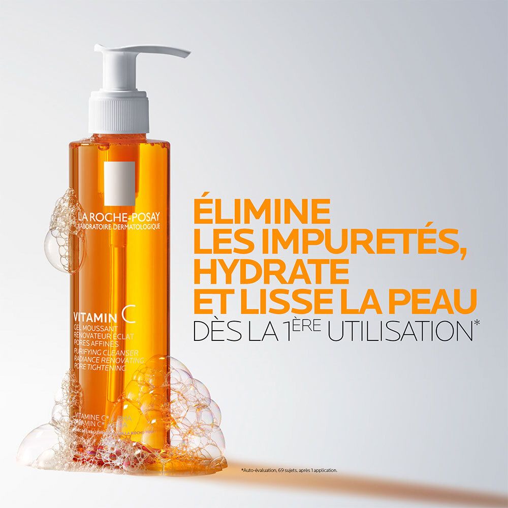 LA ROCHE-POSAY Gel Moussant Vitamin C. Flacon orange avec pompe. Texte : Nettoie, hydrate, lisse la peau dès la 1ère utilisation.