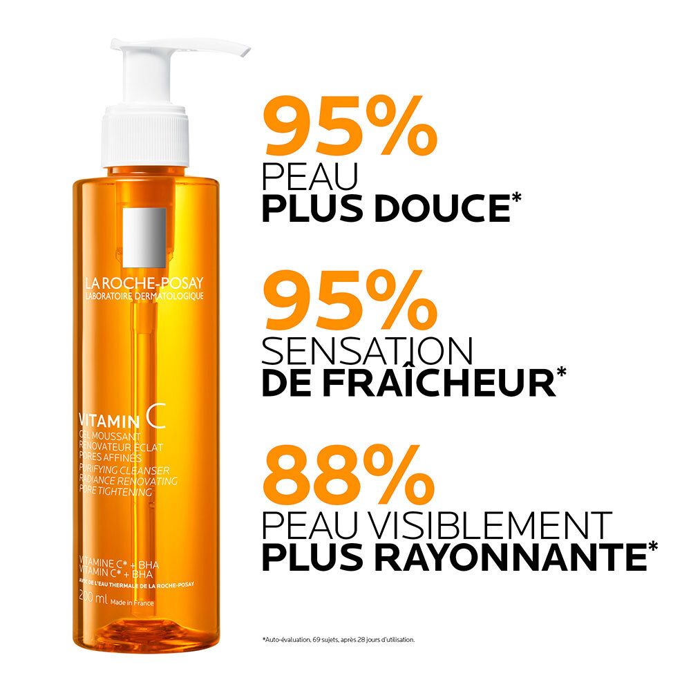 LA ROCHE-POSAY Gel Moussant Vitamin C. Texte : 95% peau plus douce, 95% sensation de fraîcheur, 88% peau plus rayonnante.