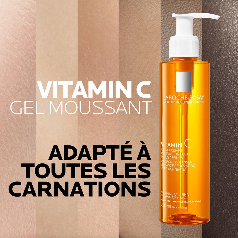 LA ROCHE-POSAY Gel Moussant Vitamin C. Flacon orange avec pompe. Texte : Adapté à toutes les carnations.