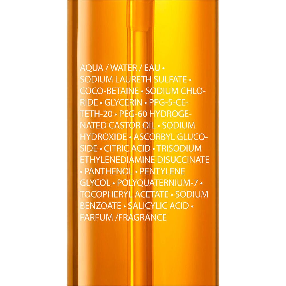 LA ROCHE-POSAY Gel Moussant Vitamin C. Ingrédients sur le flacon. Aqua, Sodium Laureth Sulfate, Coco-Betaine, etc.