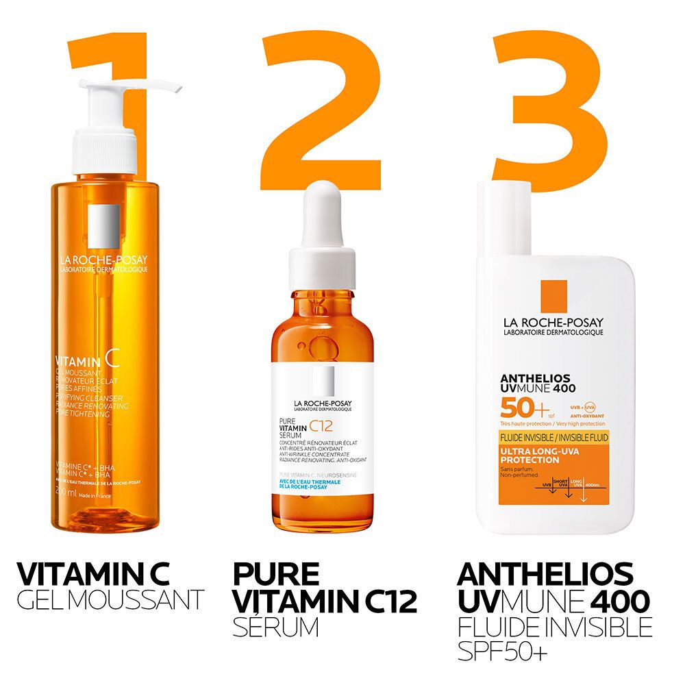 Produits LA ROCHE-POSAY. Gel Moussant Vitamin C, Sérum Pure Vitamin C12, Anthelios UVmune 400 Fluide Invisible SPF50+.