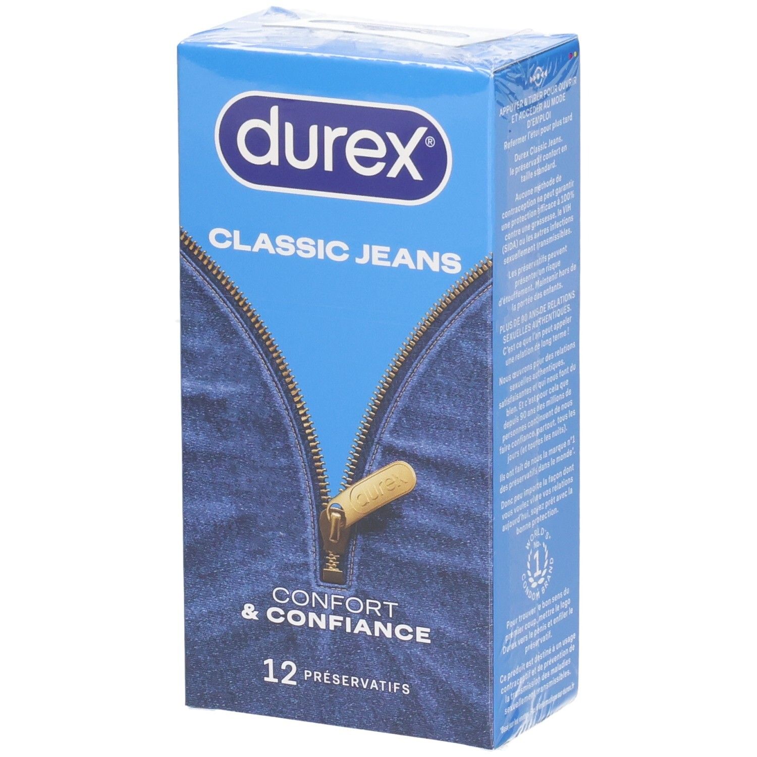 Préservatifs Durex Classic Jeans, 12 pièces. Boîte bleue avec design fermeture éclair.