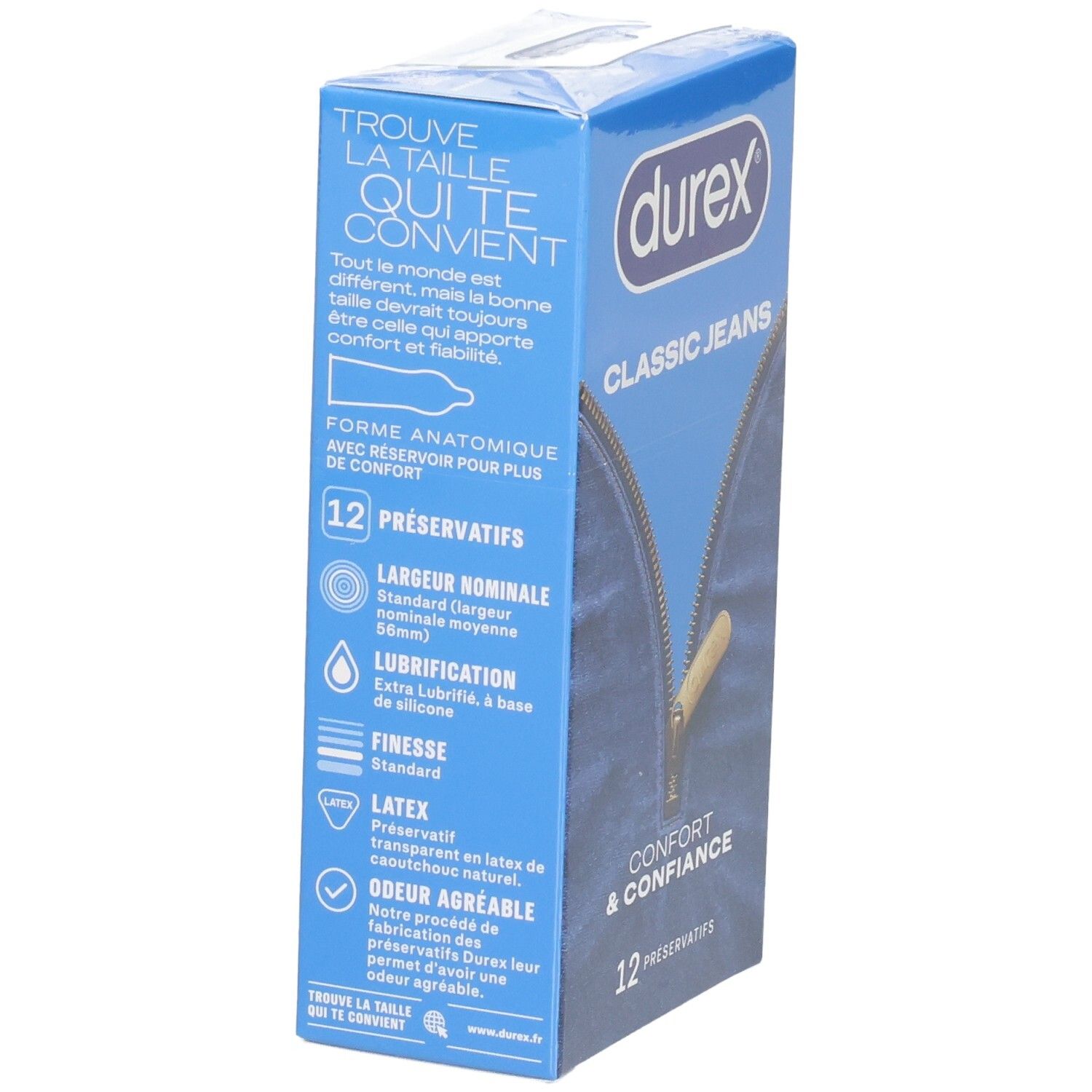 Dos de la boîte de préservatifs Durex Classic Jeans avec informations sur la forme, la taille et le matériau.