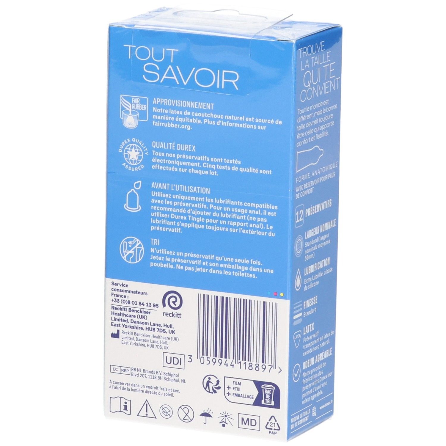 Vue latérale de la boîte de préservatifs Durex Classic Jeans avec informations produit et code-barres.