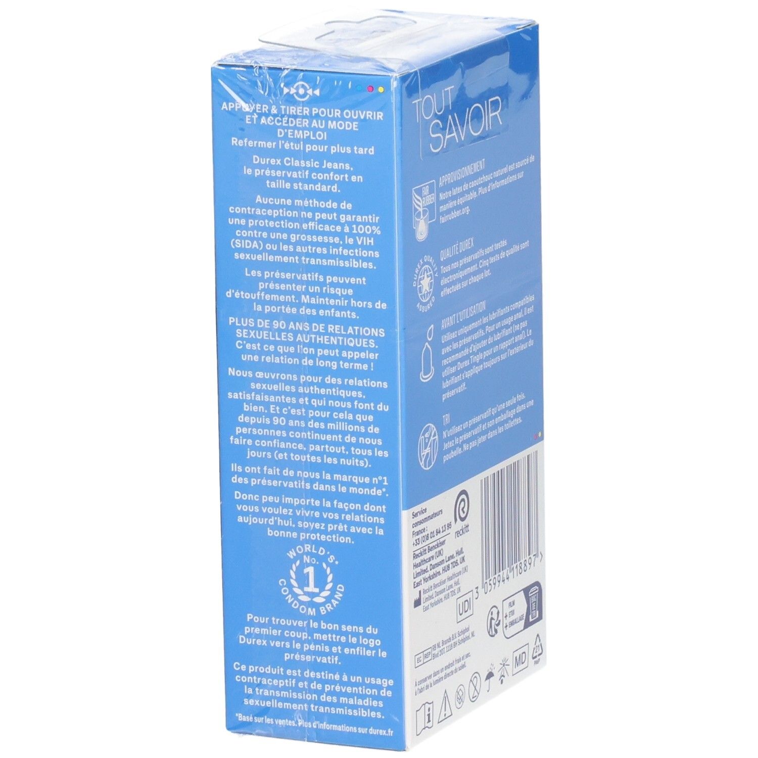 Dos de la boîte de préservatifs Durex Classic Jeans avec instructions d'utilisation et labels qualité.