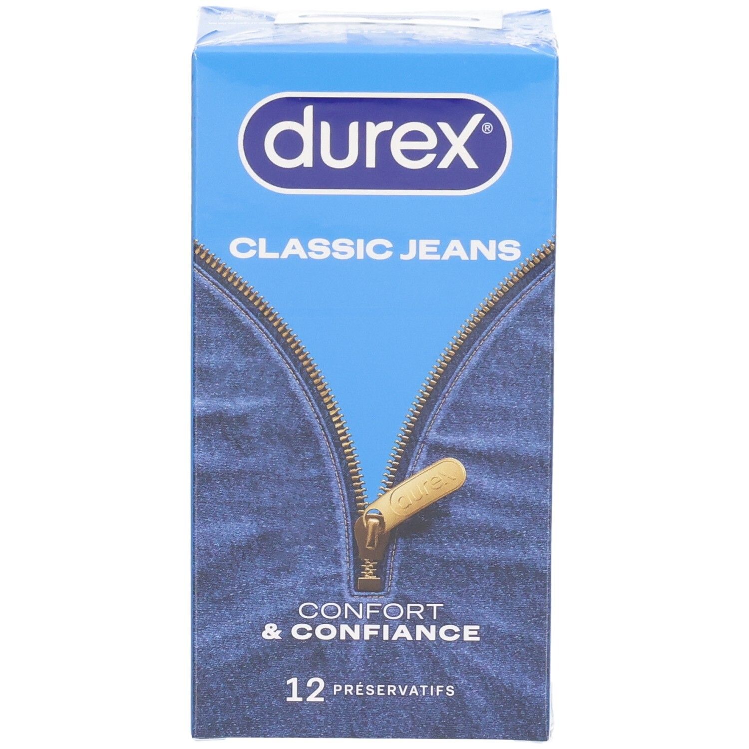 Face avant de la boîte de préservatifs Durex Classic Jeans, 12 pièces, avec design fermeture éclair.