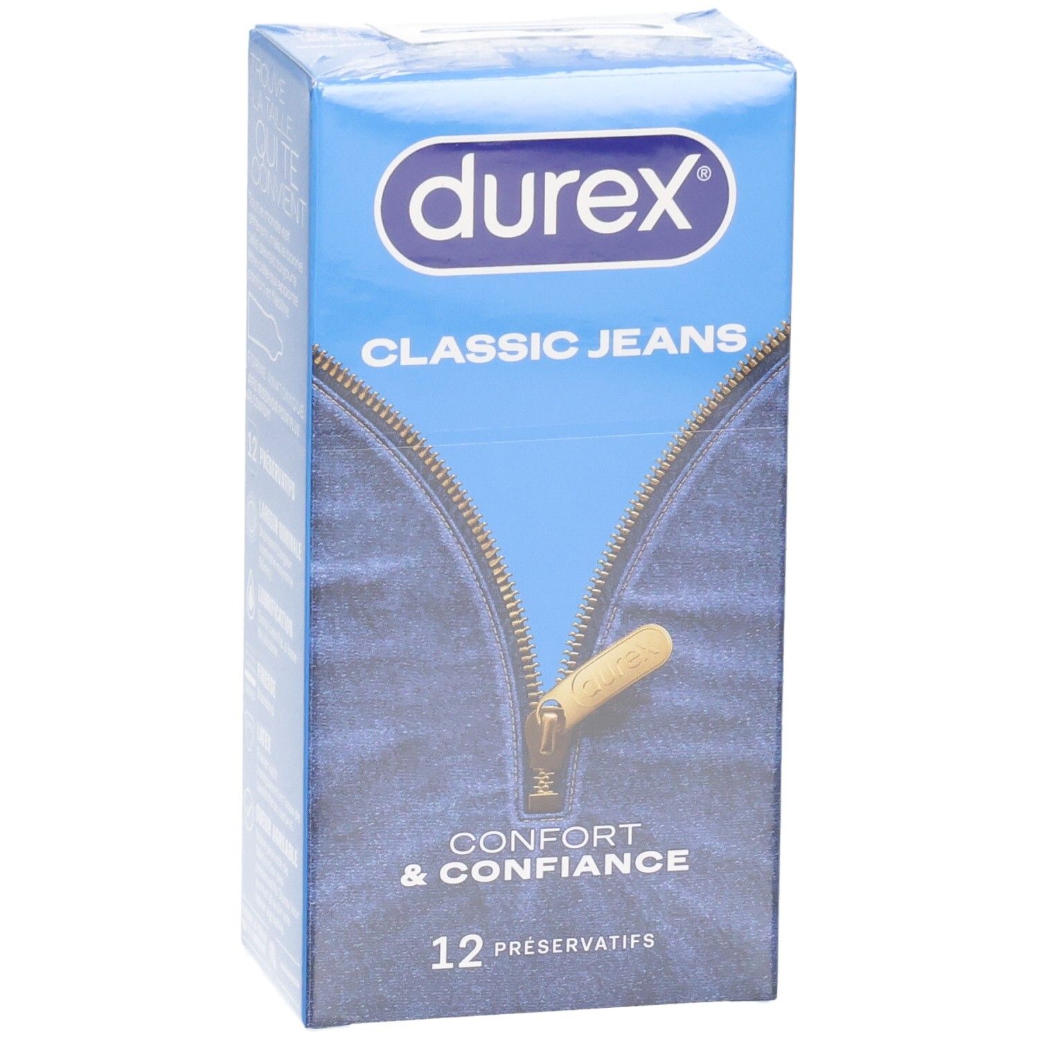 Préservatifs Durex Classic Jeans, 12 pièces. Boîte bleue avec design fermeture éclair.