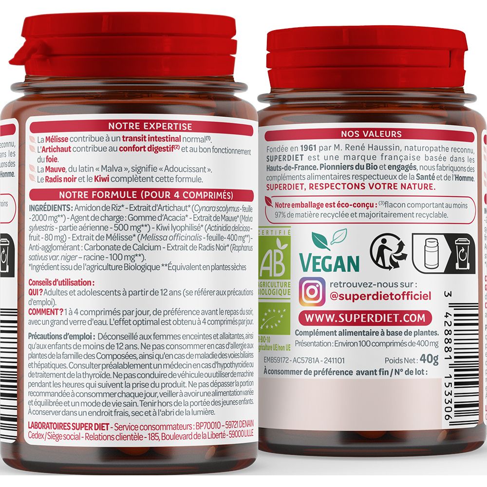 Dos du flacon. Texte sur les ingrédients, l'utilisation et les informations. Logo Vegan et certification Bio.