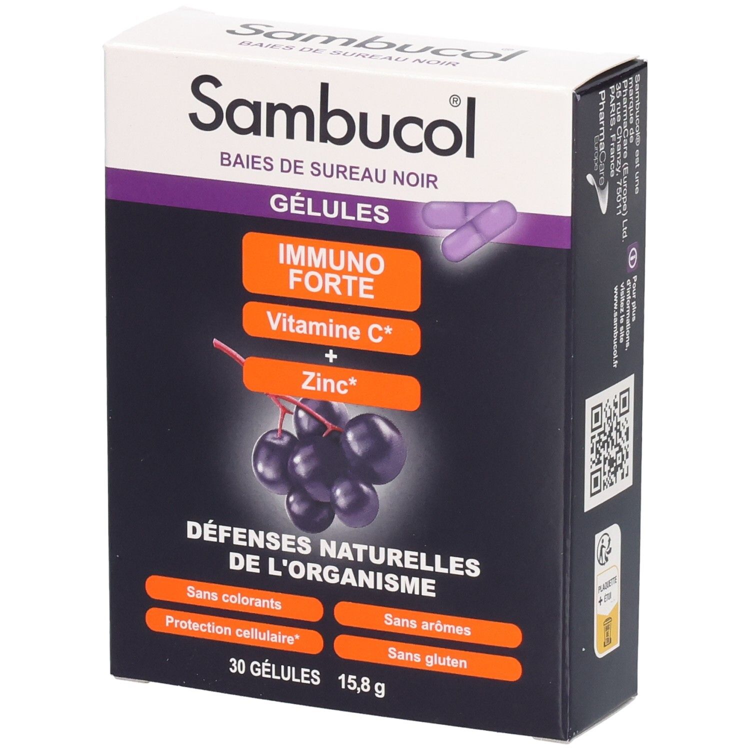 Boîte de Sambucol Immuno Forte Gélules. Ingrédients : vitamine C et zinc. Contient 30 gélules. Défenses naturelles de l'organisme.