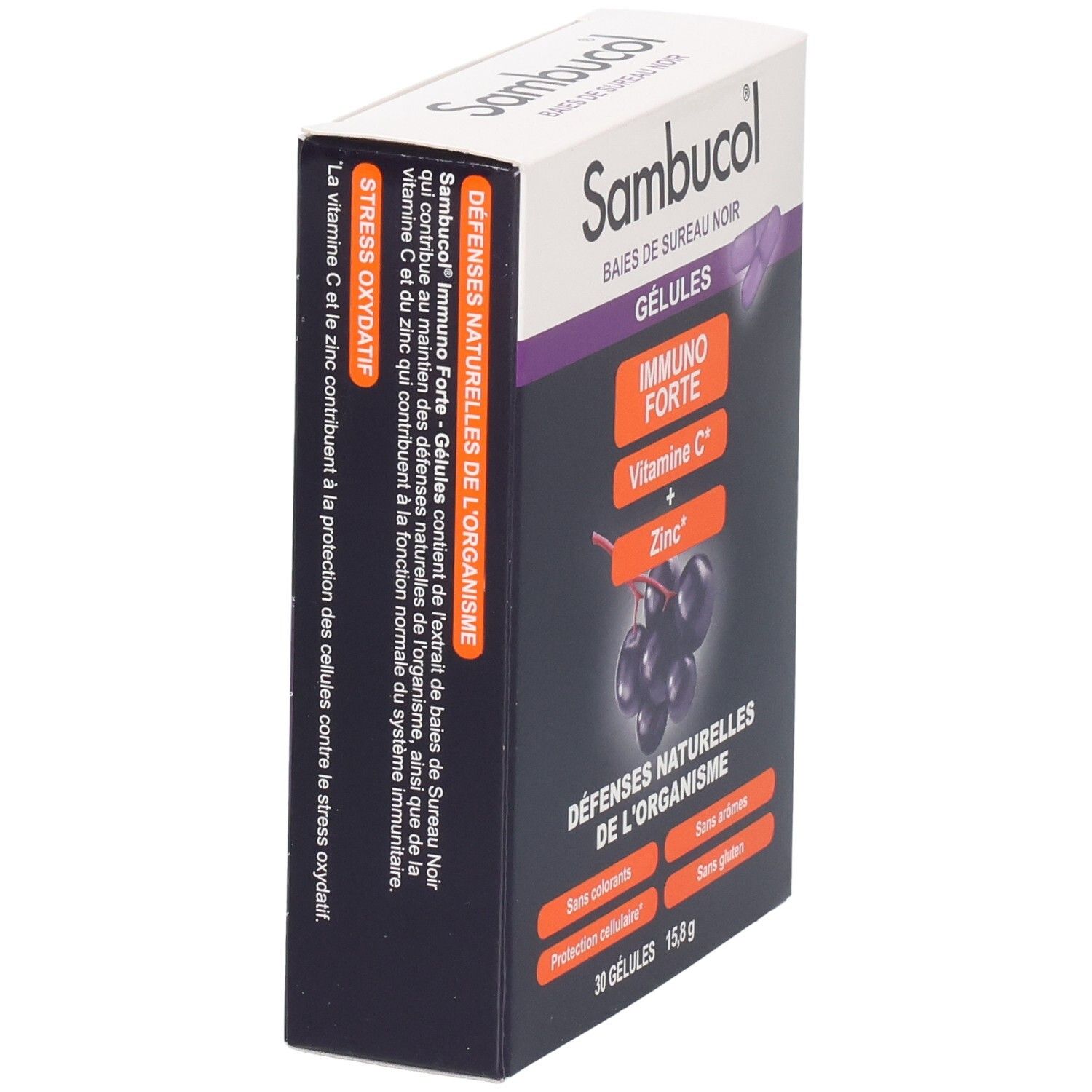 Boîte de Sambucol Immuno Forte Gélules. Ingrédients : vitamine C et zinc. Pour les défenses naturelles. Vue en perspective.