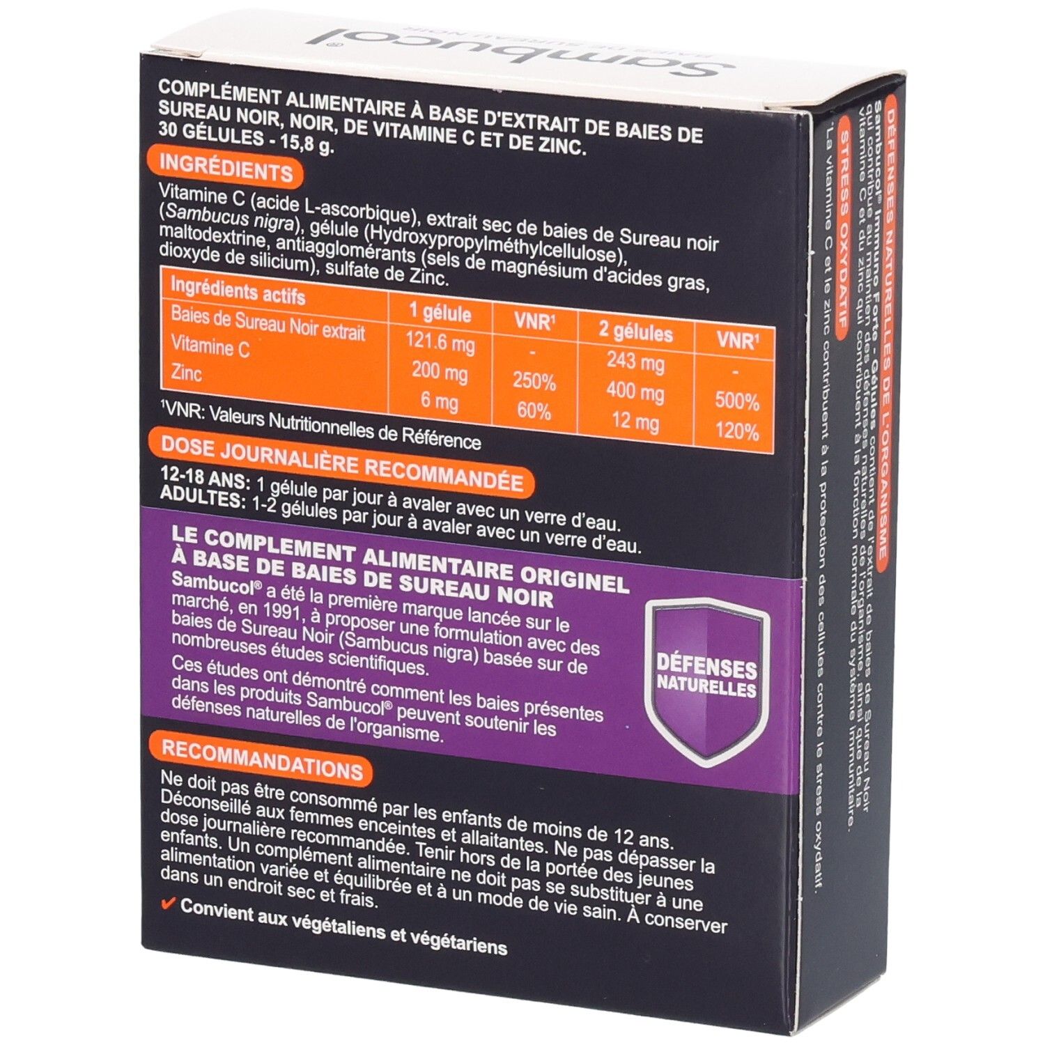 Dos de la boîte Sambucol Immuno Forte Gélules. Ingrédients, dosage et recommandations. Contient vitamine C et zinc.