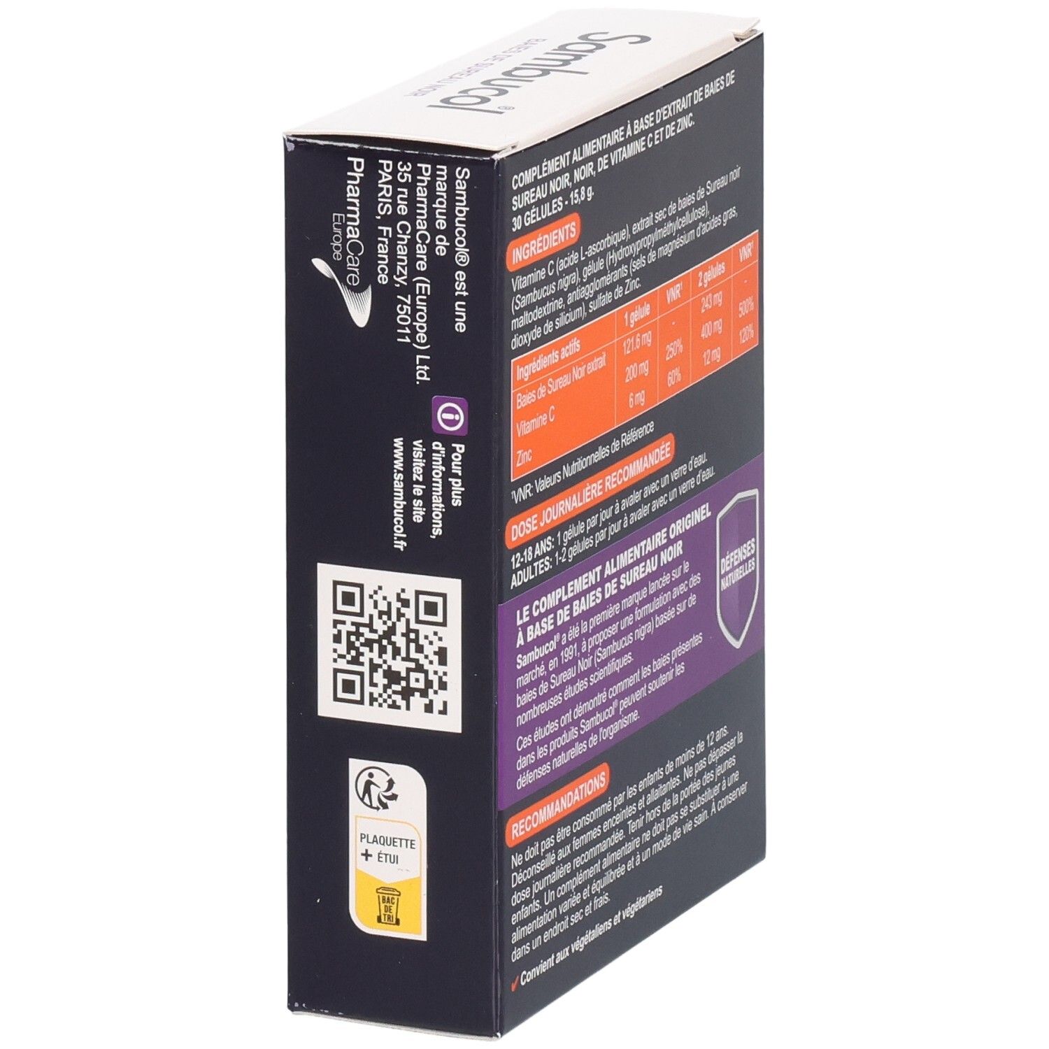 Vue latérale de la boîte Sambucol Immuno Forte Gélules. Ingrédients et informations. Contient vitamine C et zinc.