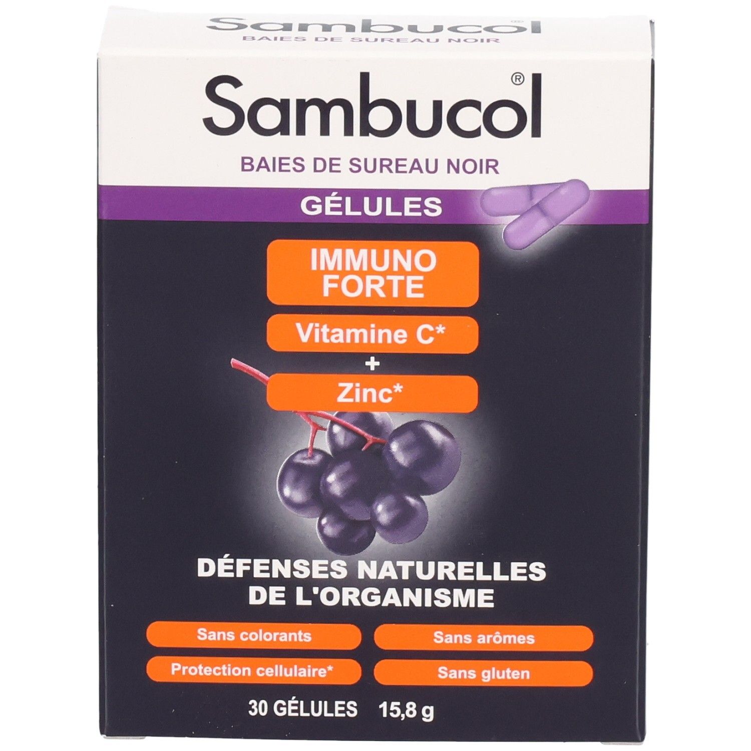 Boîte de Sambucol Immuno Forte Gélules. Ingrédients : vitamine C et zinc. Contient 30 gélules. Défenses naturelles de l'organisme.