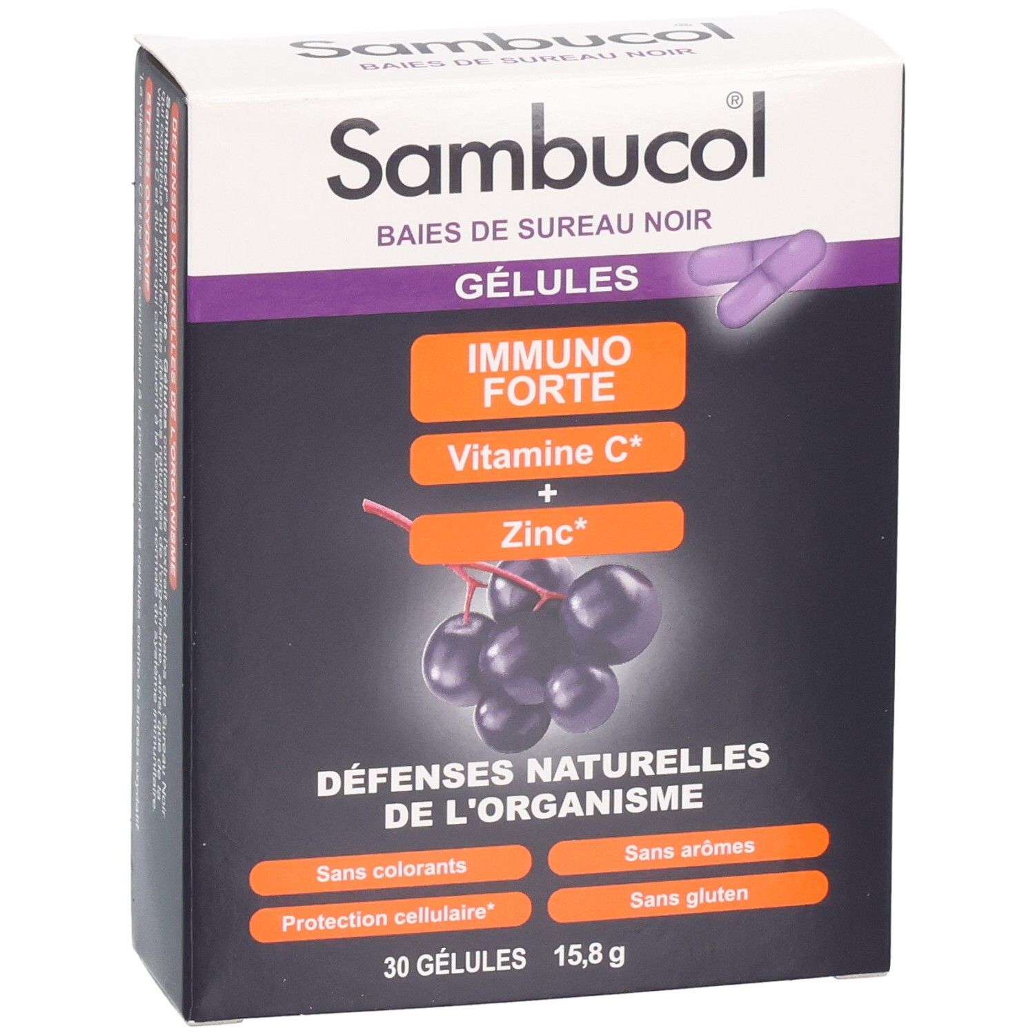 Boîte de Sambucol Immuno Forte Gélules. Ingrédients : vitamine C et zinc. Contient 30 gélules. Défenses naturelles de l'organisme.