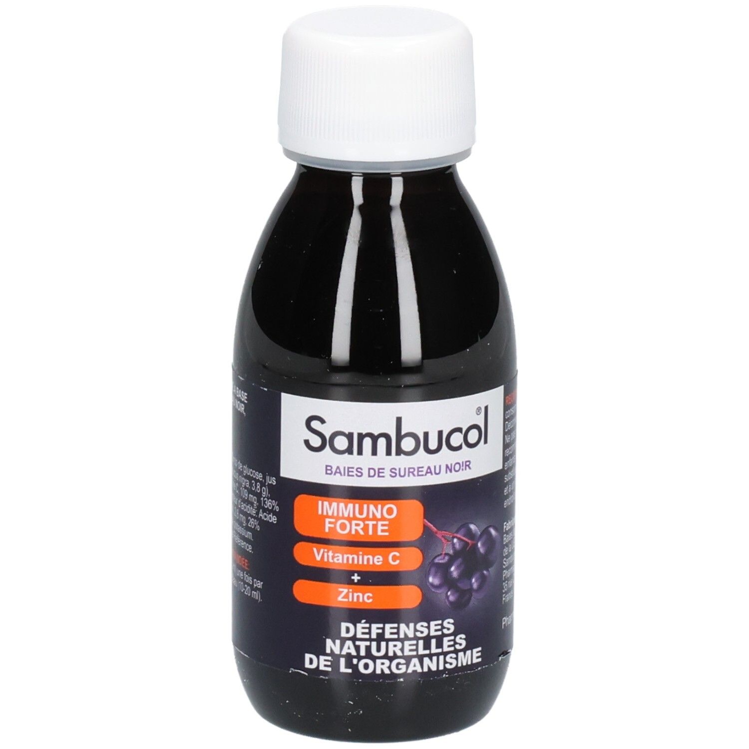 Flacon de complément alimentaire liquide. Inscriptions: Sambucol, Immuno Forte, Vitamine C + Zinc. Bouchon blanc.