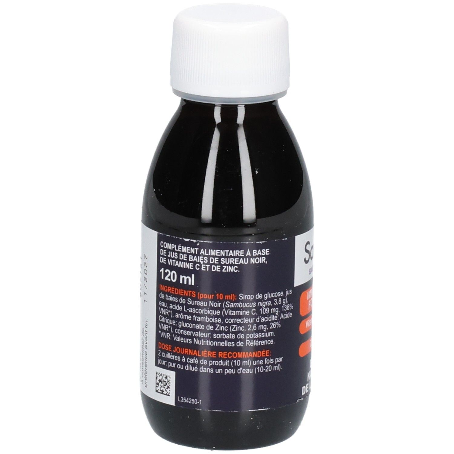 Bouteille de complément alimentaire liquide. Inscriptions: Sambucol, 120 ml, ingrédients, recommandation de dosage.