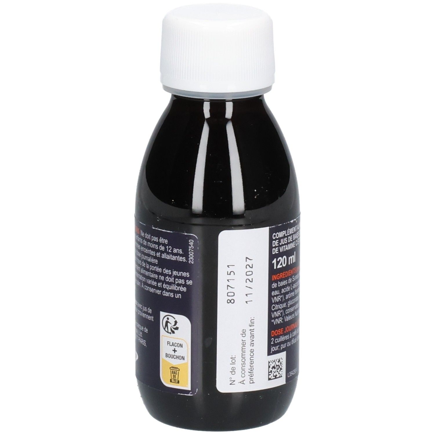 Bouteille de complément alimentaire liquide. Inscriptions: Sambucol, 120 ml, date de péremption 11/2027.