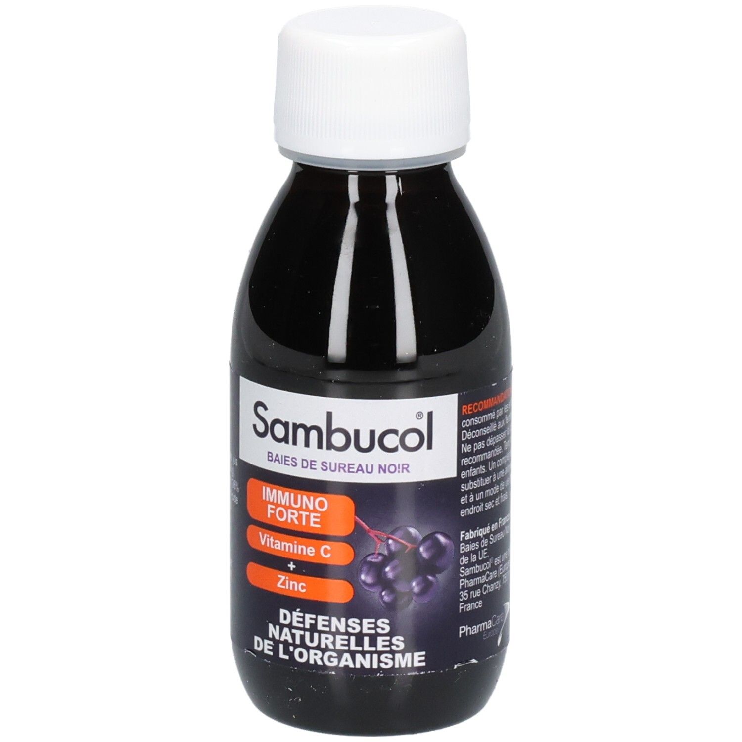 Bouteille de complément alimentaire liquide. Inscriptions: Sambucol, Immuno Forte, Vitamine C + Zinc.