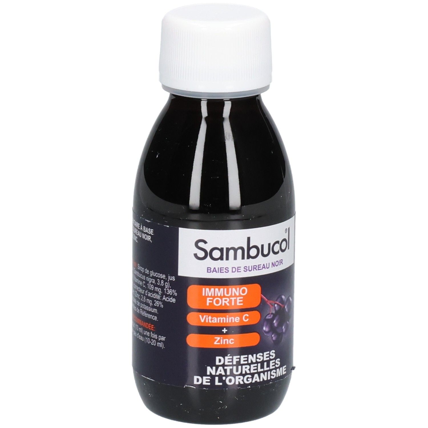 Bouteille de complément alimentaire liquide. Inscriptions: Sambucol, Immuno Forte, Vitamine C + Zinc, ingrédients.