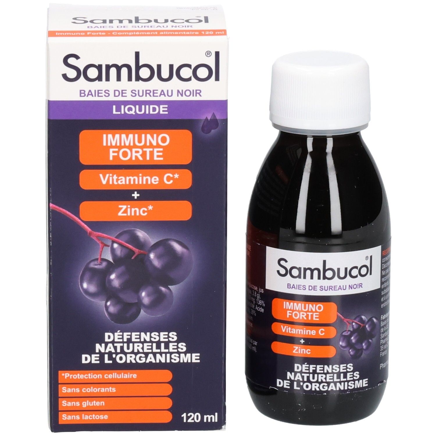 Emballage et bouteille de complément alimentaire liquide. Inscriptions: Sambucol, Immuno Forte, Vitamine C + Zinc.