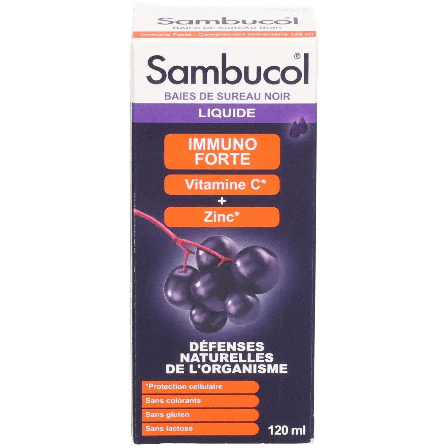 Emballage avec inscriptions: Sambucol, Immuno Forte, Vitamine C + Zinc, 120 ml.