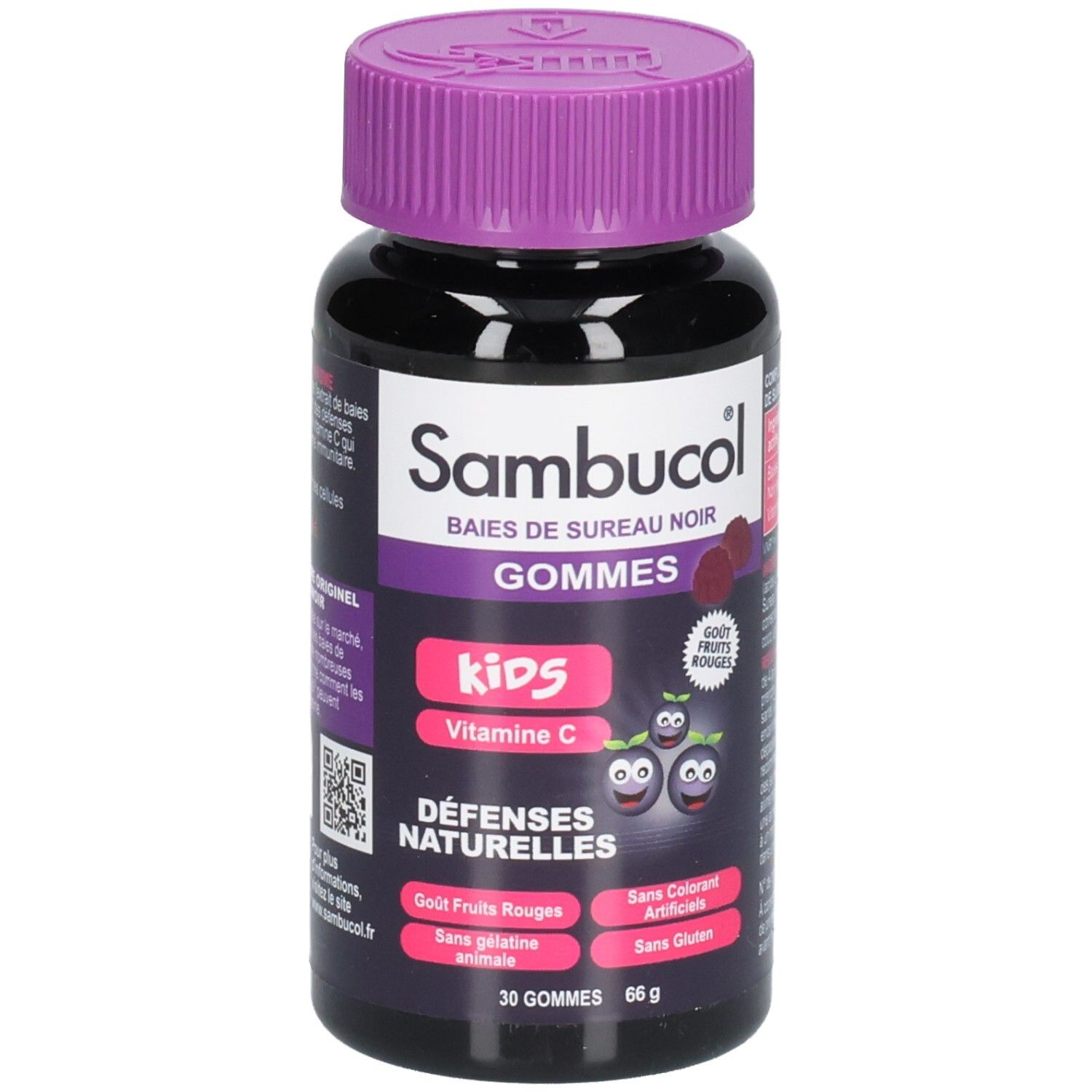 Flacon de Sambucol Kids Gommes. Bouchon violet, flacon noir. Inscriptions: Baies de Sureau Noir, Gommes, Kids, Vitamine C.
