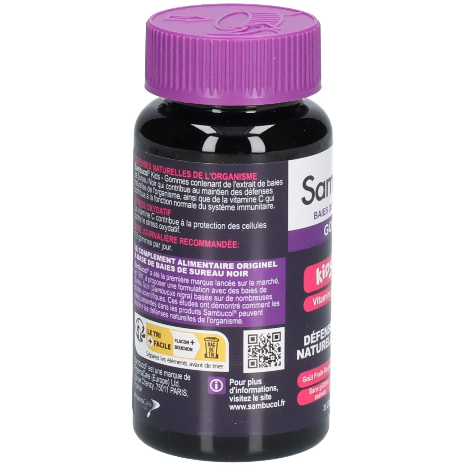Dos du flacon Sambucol Kids Gommes. Texte: Défenses Naturelles, informations, code QR, ingrédients, dosage.