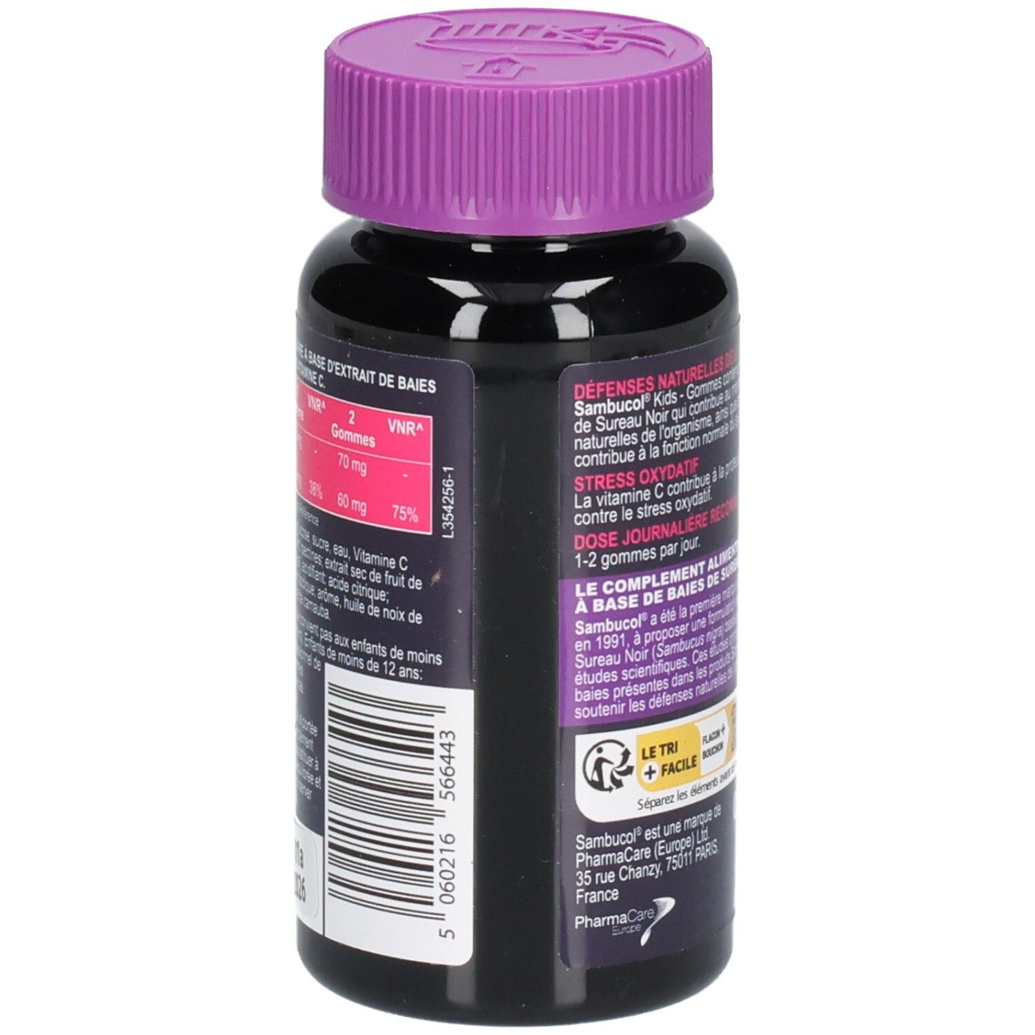 Dos du flacon Sambucol Kids Gommes. Texte: Défenses Naturelles, ingrédients, dosage, code QR, marque.