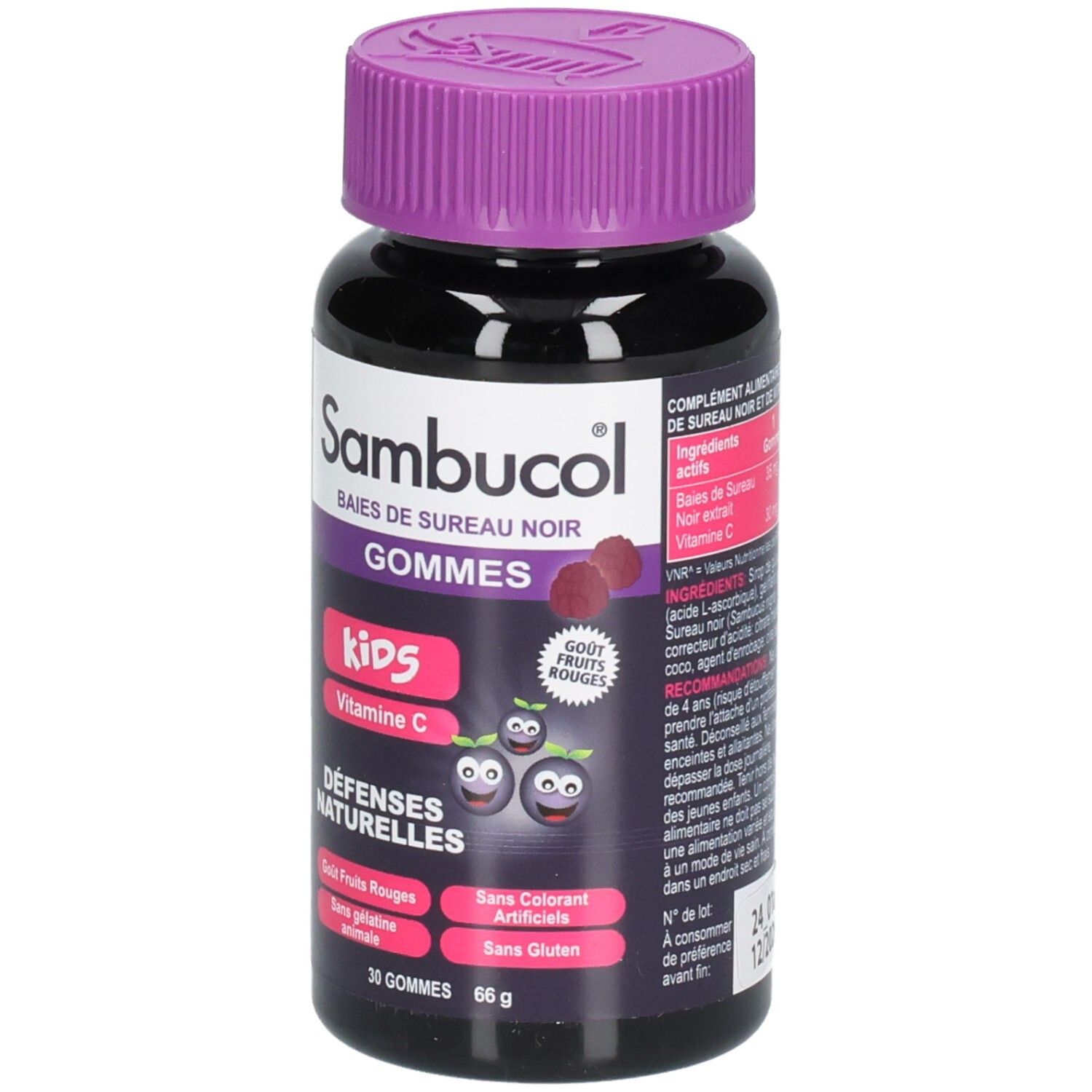 Flacon Sambucol Kids Gommes. Bouchon violet, flacon noir. Inscriptions: Baies de Sureau Noir, Gommes, Kids, Vitamine C.