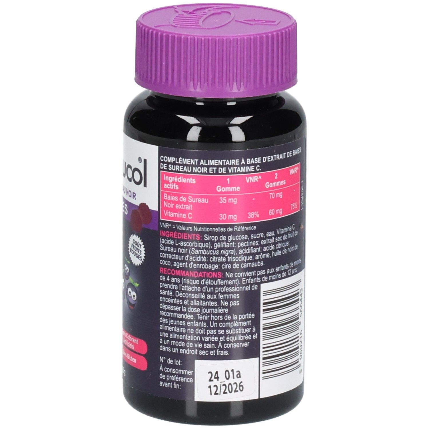 Dos du flacon Sambucol Kids Gommes. Texte: Ingrédients, dosage, date de péremption, code QR, marque.
