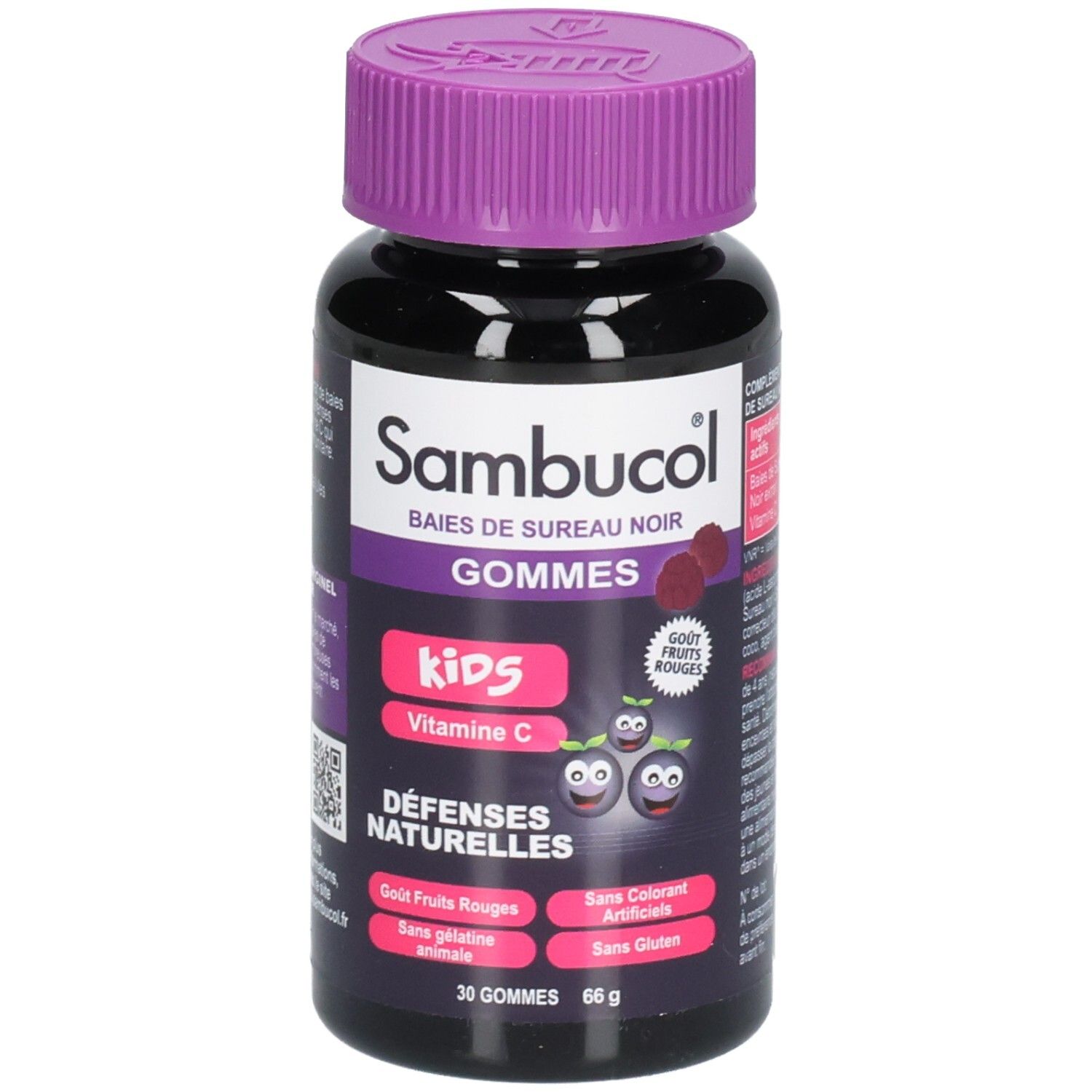 Flacon Sambucol Kids Gommes. Bouchon violet, flacon noir. Inscriptions: Baies de Sureau Noir, Gommes, Kids, Vitamine C.
