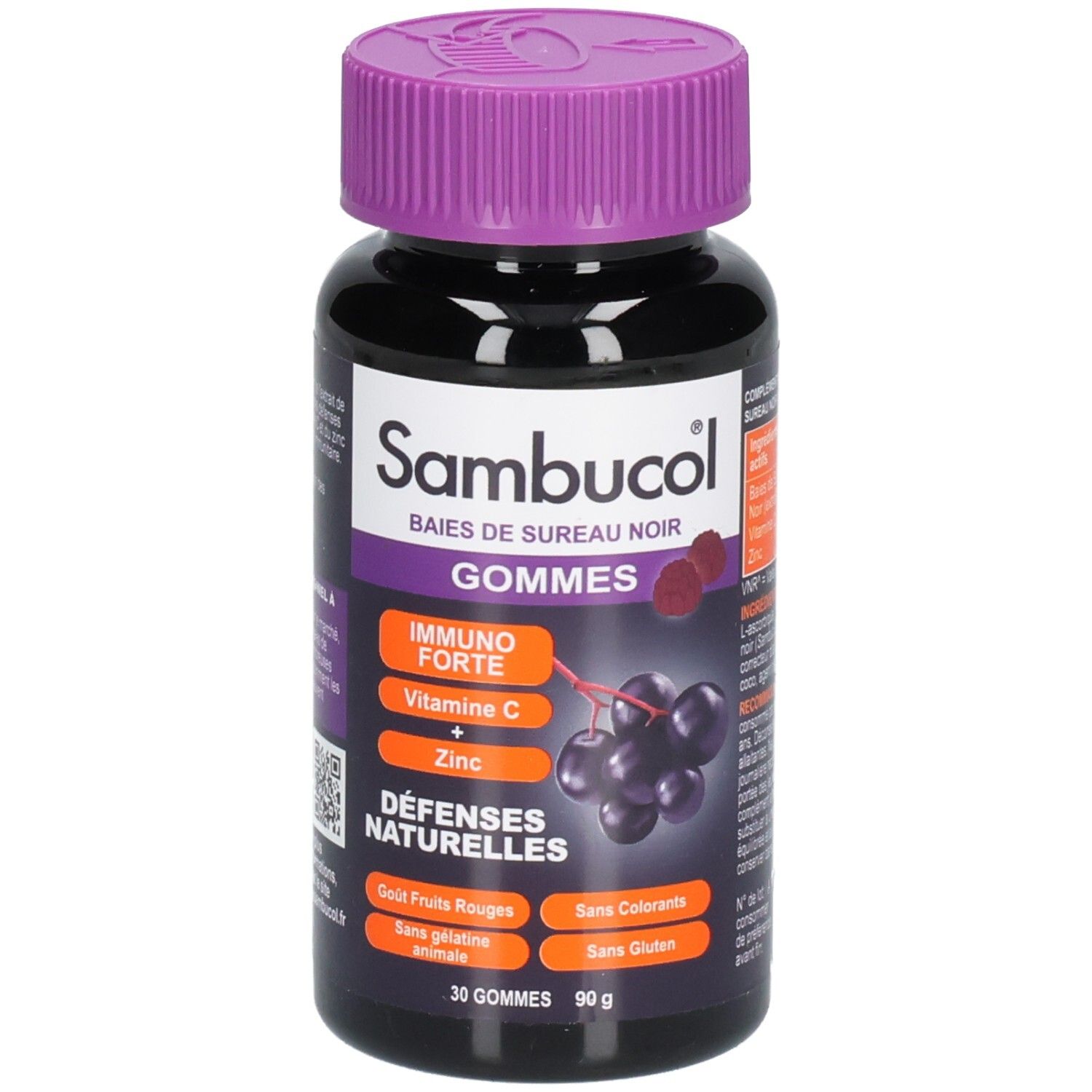 Flacon noir avec bouchon violet. Inscription: Sambucol, Immuno Forte, Vitamine C, Zinc, Défenses Naturelles. 30 gommes.