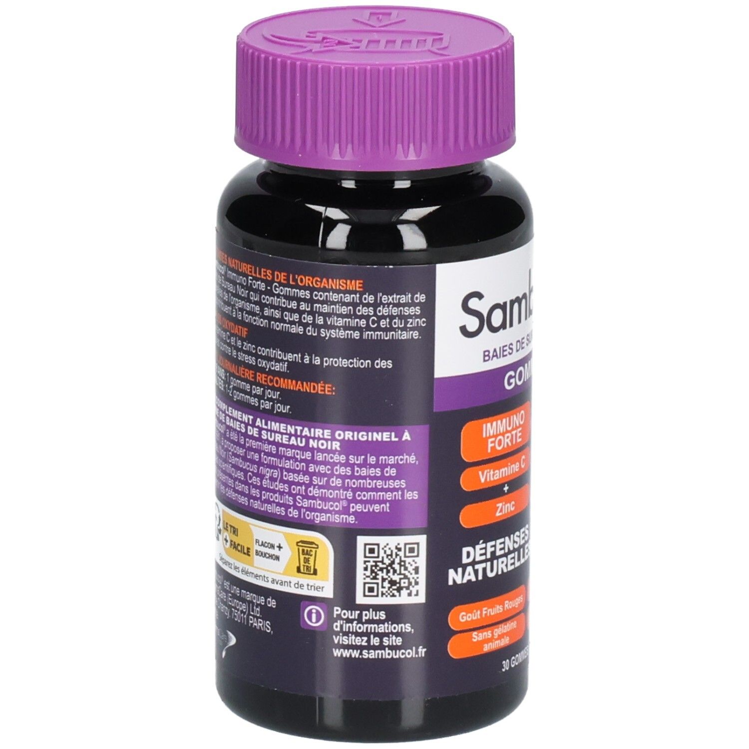 Dos du flacon noir avec bouchon violet. Texte: Sambucol, Immuno Forte, Défenses Naturelles. Code QR et site web.