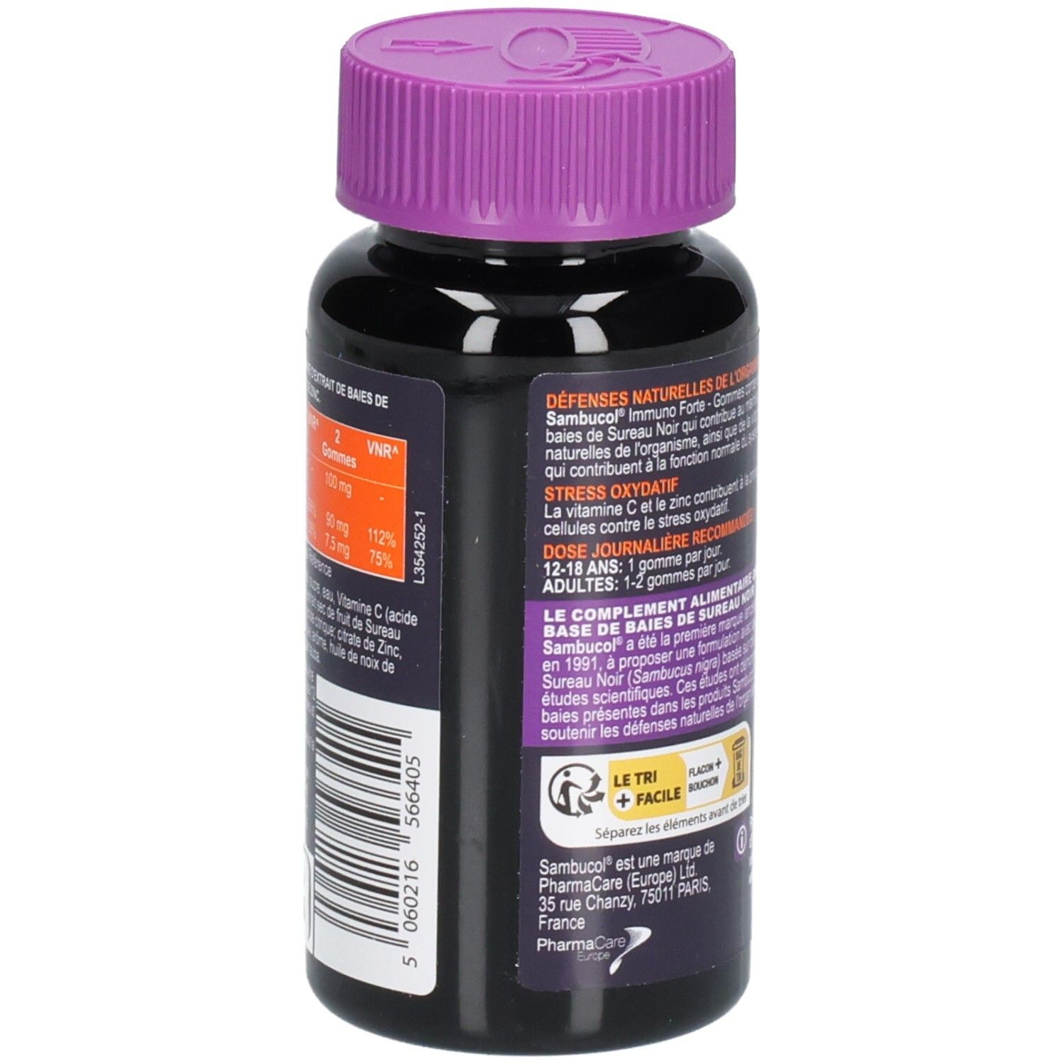 Dos du flacon noir avec bouchon violet. Texte: Sambucol, Immuno Forte, Défenses Naturelles. Dosage et ingrédients.