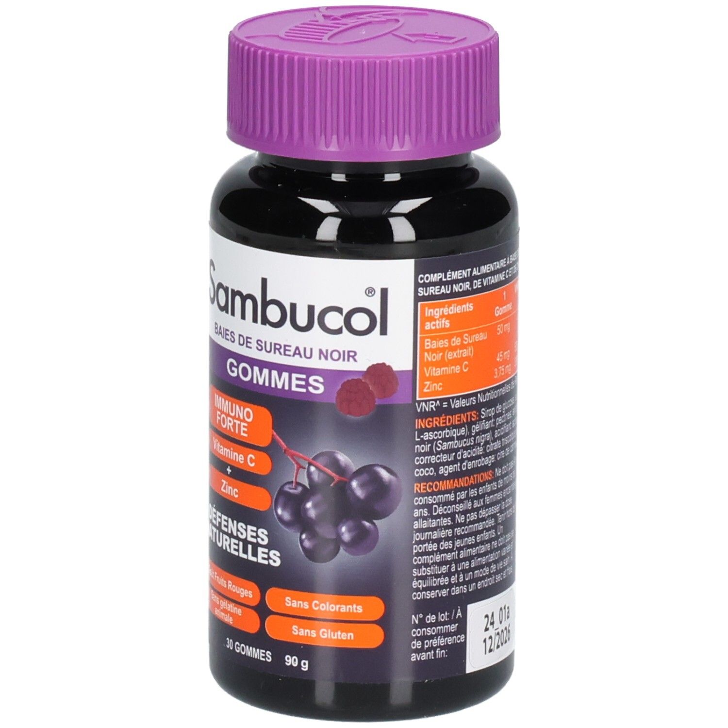 Flacon noir avec bouchon violet. Inscription: Sambucol, Immuno Forte, Vitamine C, Zinc, Défenses Naturelles. 30 gommes. DDM.